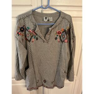 Together! Henley Style Sweatshirt Sz L Embroidery Boho Grannycore